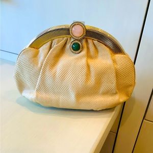 Vintage Judith Leiber Beige Lizard Skin Clutch with Cabochon Stones Clasp